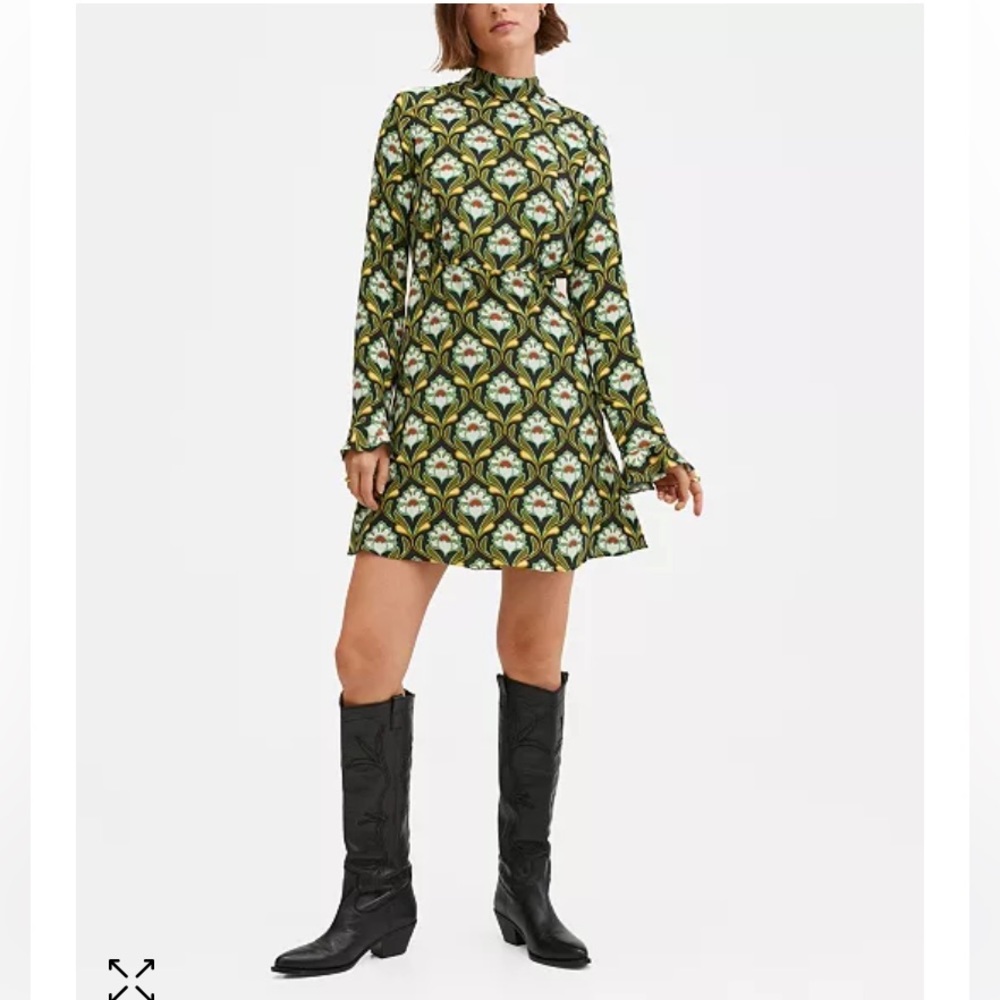 Mango high neck long sleeve mini dress in green retro floral print Size 4 NWT